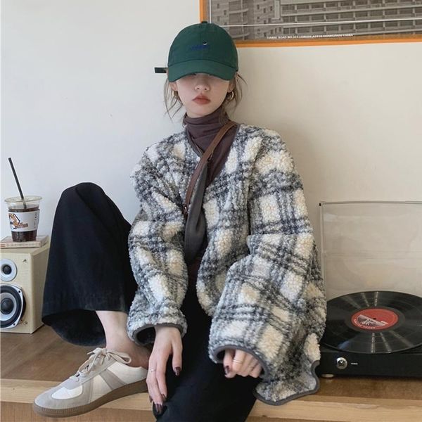 

women's fur & faux jessic casual thick lamb plush coat for women korean loose all-match plaid outerwear fashion ins trend cardigan jack, Black