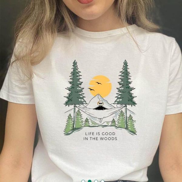 

women's t-shirt life is cood in the woods t shirts women hiking outside graphic tshirt causal loose cotton 90s boho plus size tees whi, White