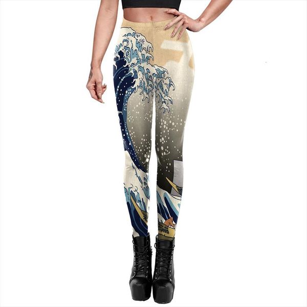 

[youre my secret] oil painting womens leggings 3d waves high elasticity workout pants breathable fitness push up leggin waist, Black