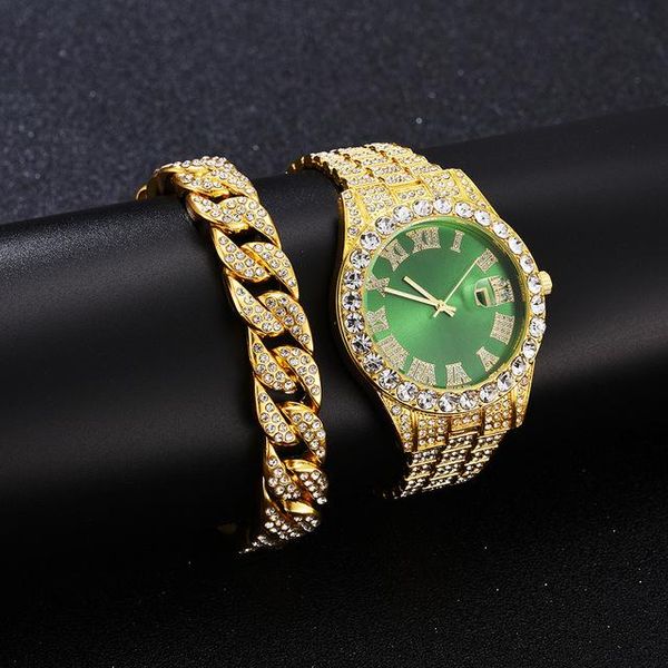 

wristwatches full iced out watch + bracelet for men women couple luxury red dial green water ghost watches gold diamond mens calendar, Slivery;brown