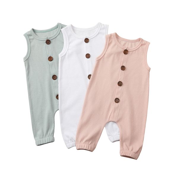 

0-24m cute newborn baby girls boys rompers 3 colors solid sleeveless single breasted jumpsuits outfits, White