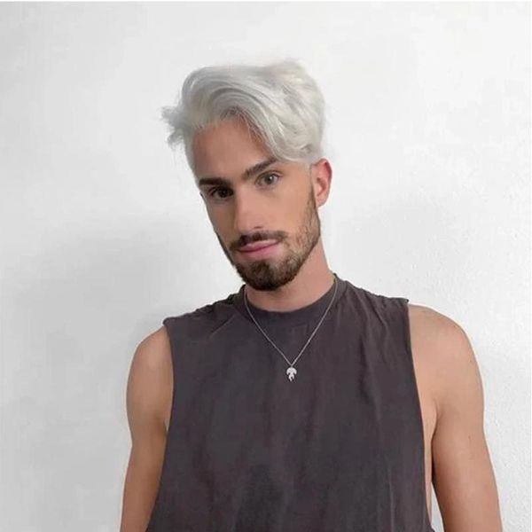 

breathable synthetic wigs short men's silver white head cover partial, Black