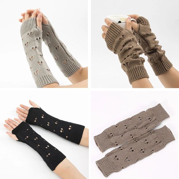 

women gloves stylish hand warmer autumn winter woman arm crochet knitting hollow heart mitten warm fingerless gloves, Blue;gray