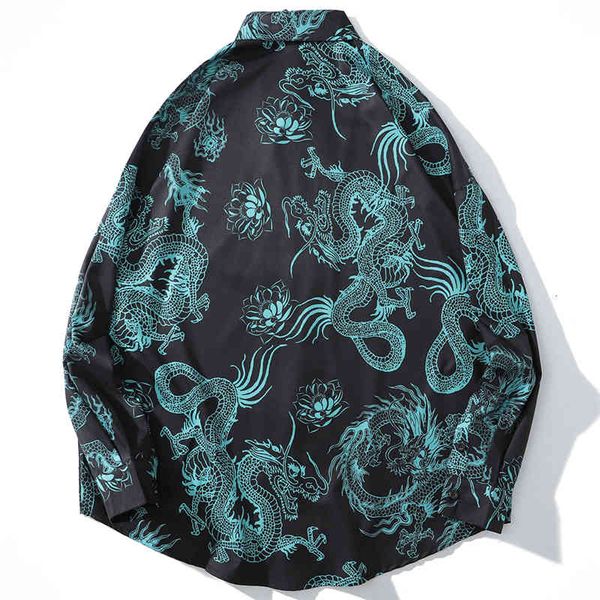 

polos hip hop mens streetwear oversized hawaiian dragon lotus harajuku long sleeve floral oversize shirt black fjvo, White;black