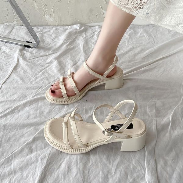 

sandals style women's shoes summer niche temperament french fashion chunky heels midheel high, Black