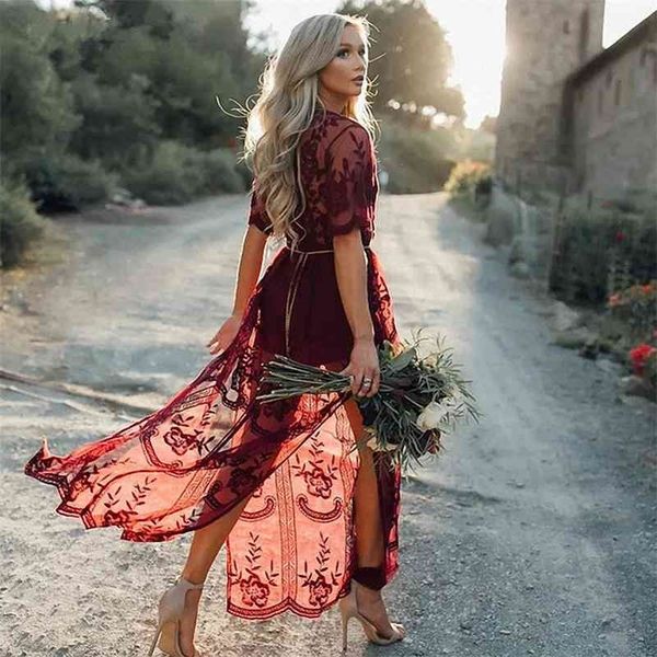 Boho вдохновил цыганские вышивка кружева макси платье платье по доставке шеи щель боковых тунических летнее платье новое сексуальное пляжное платье одежда женщина 210323