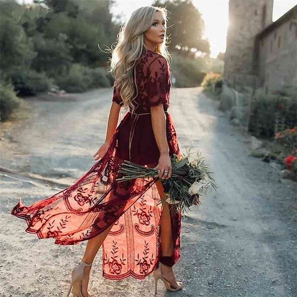 Boho inspirierte Zigeunerstickerei SPITZE MAXI KLEID Plunge Neck Schlitz Seite Tunika Sommerkleid Neue sexy Strandkleid Kleidung weiblich 210323