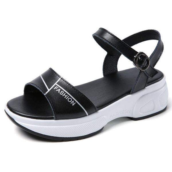 

sandals female flat leather summer korean beach shoes thick bottom loose women's, Black