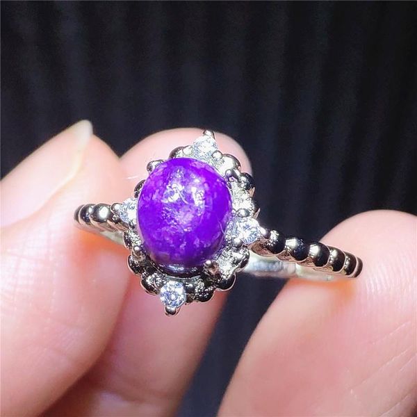 

cluster rings genuine natural purple sugilite adjustable ring 6x6mm women gemstone south africa bead round oval 925 sterling silver, Golden;silver