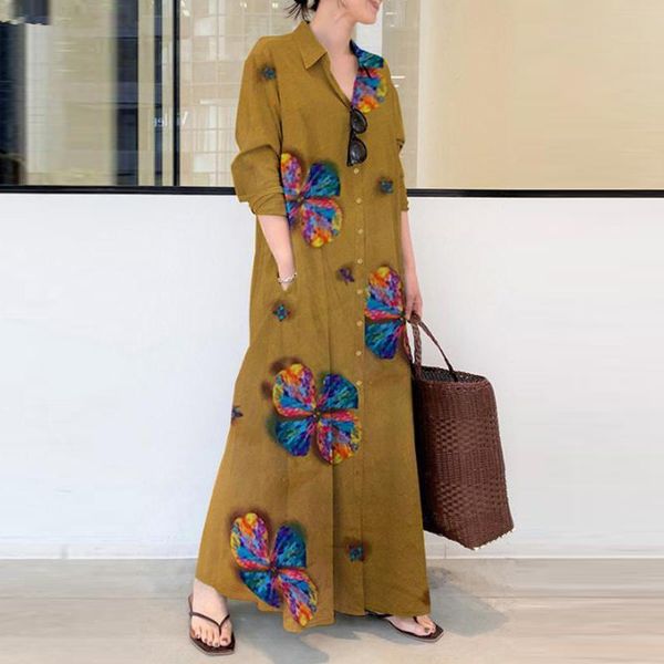 

casual dresses autumn elegant long sleeve cotton linen dress vintage floral print women spring chic single-breasted shirts, Black;gray
