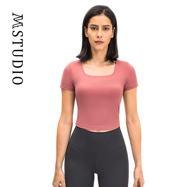 

yoga outfit summer u neck shirts for women short sleeve crop quick dry solid color female clothing tight running gym sportswear