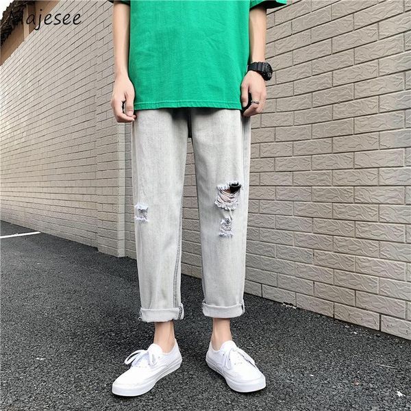

men's jeans frayed denim men summer ripped holes harajuku straight chic all match ankle-length trousers male high street cool handsome, Blue