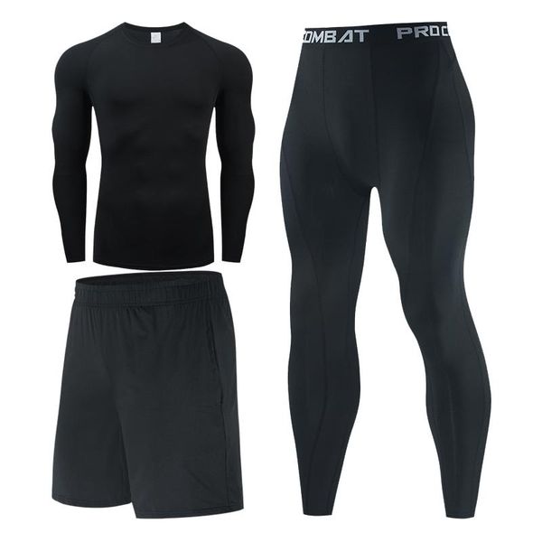 

running sets 3 pcs men's compression sportswear suit gym tights training jersey workout jogging sport set rashguard tracksuit for men, Black;blue