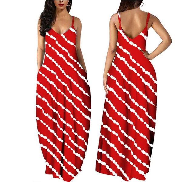 

casual dresses vintage stripe print dress women boho sleeveless long maxi sling collar shirt beach robe 2021, Black;gray