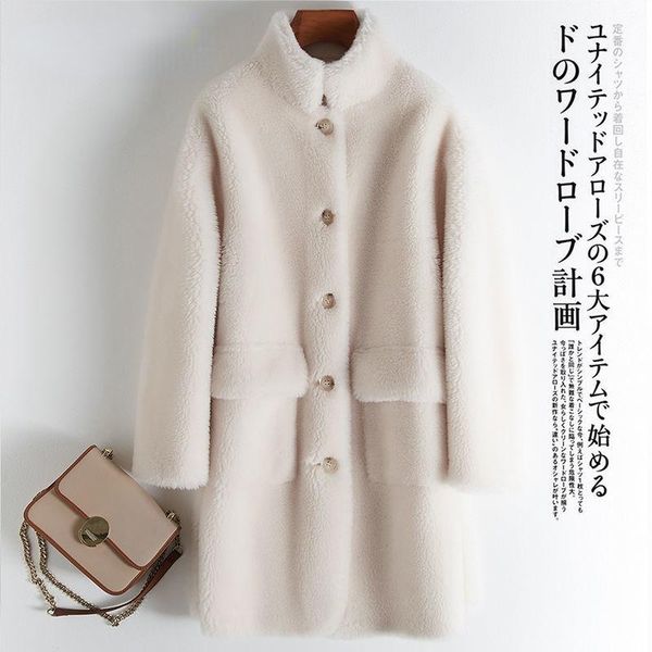 

women's fur & faux winter clothes women real lamb coat stand collar single breasted long sleeve natural sheep shearling jacket outwear, Black