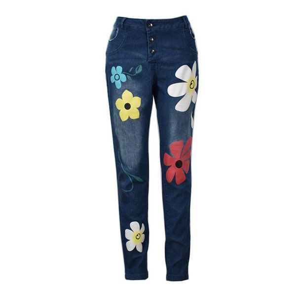 

women's jeans liberjog women print casual female spring summer denim pants trousers pocket mid-waist chic plus size, Blue