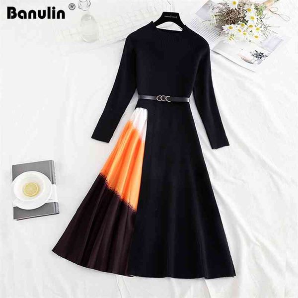 

women elegant knitted pleated midi dress autumn winter long sleeve vintage black print formal party vestidos 210603, Black;gray