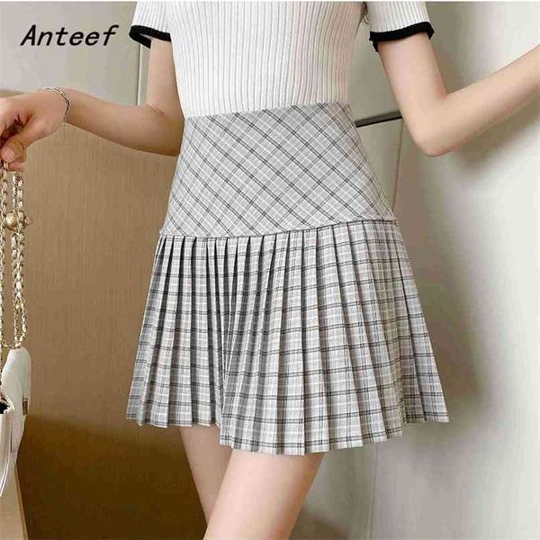 

korean fashion plus size vintage pleated plaid high waist summer casual loose for woman mini skirts womens skirt clothes 210517, Black
