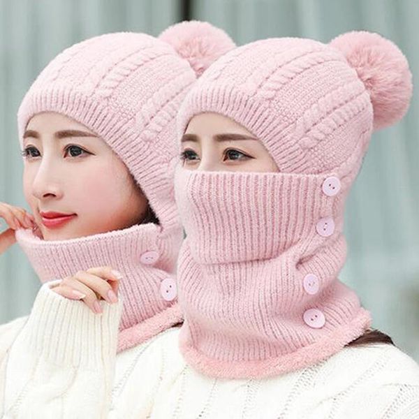 

winter one piece warm knitted hat neck mask women outdoor cycling coldproof plus plush wool hair ball bucket beanies