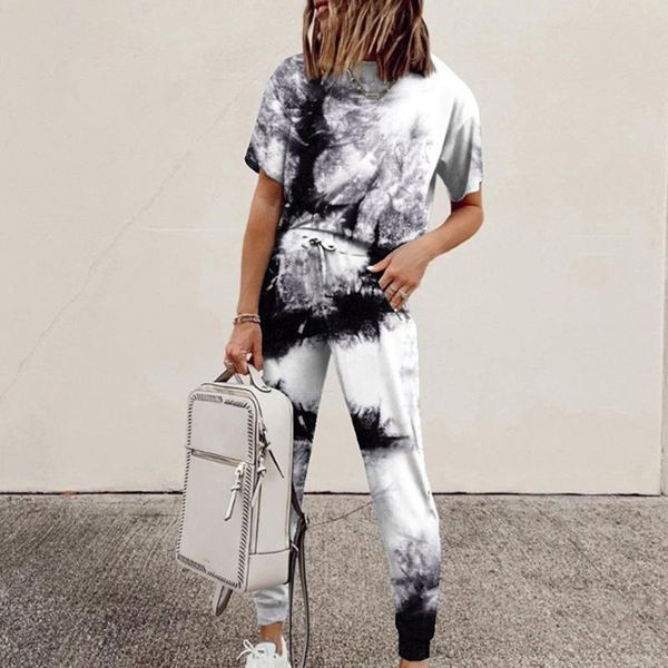 

women's two piece pants women casual tie-dye print 2 set o neck short sleeve and drawstring lace up long pant summer sport loose femal, White