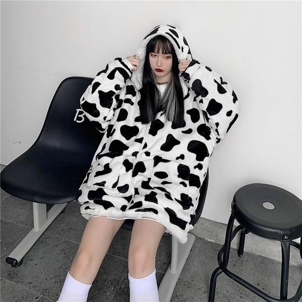 

women's fur & faux 2021 winter jacket women fashion dairy cow reversible clothes loose ins chic outerwear hooded panda ladies coat, Black