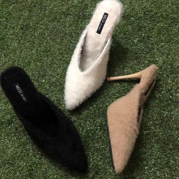 

sandals mink hair fur slippers thin high heels 8/10cm v-open shallow slides winter women shoes solid mules pointy toe flip flops 9, Black