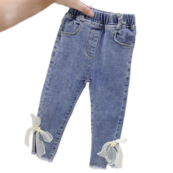 

jeans for girls elegant bow cute denim sweet lace little feet pants lovely spring child trousers toddler kid baby steet wear, Blue