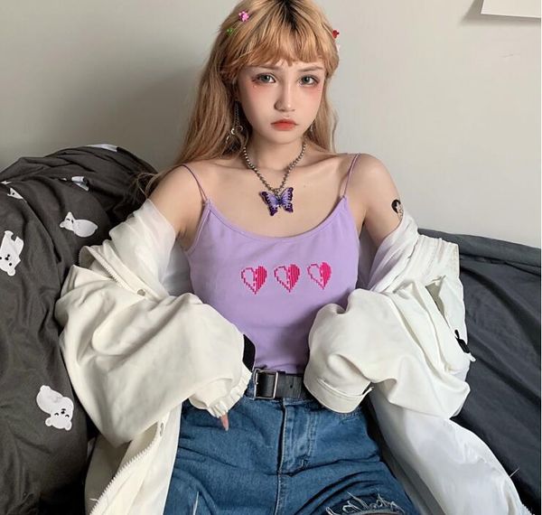 

women's tanks & camis korean harajuku girl love heart embroidery, White