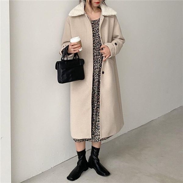 

women's wool & blends straight woolen elegant long full sleeve pockets overcoat winter women loose chic outerwear casual cardigan coat, Black