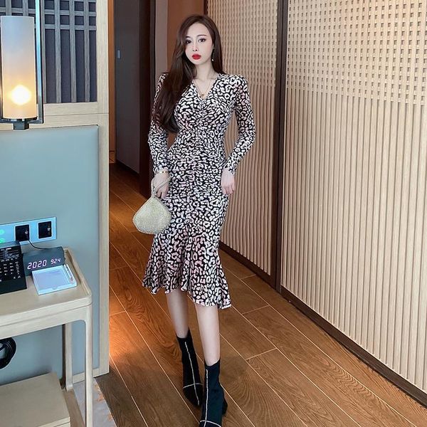 

casual dresses coigarsam office lady ruffles women dress spring full sleeve print leopard zipper v-neck powder black 647, Black;gray