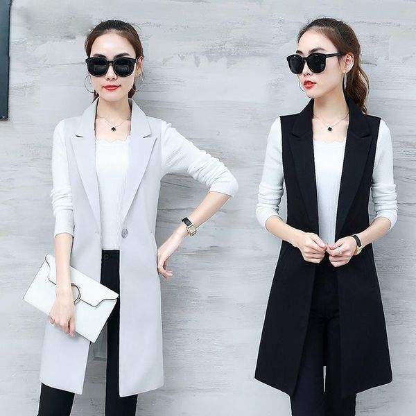 

women's vests spring autumn elegant sleeveless jacket suit vest women long plus size 3xl slim waistcoat female blazer black/grey, Black;white