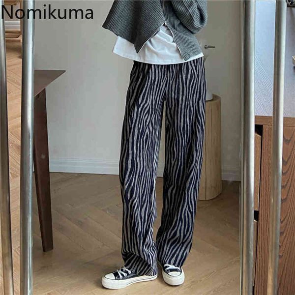 

nomikuma vintage zebra stripe women pants korean stretch high waist long trousers causal spring new wide leg pants 6e134 210427, Black;white