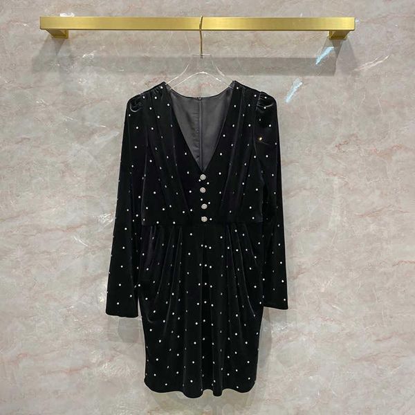 

casual dresses 2021 runways spring women's high-rise long sleeves dress v-neck diamonds velvet b794, Black;gray