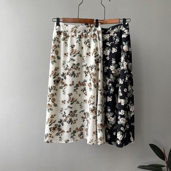 

skirts 2021 summer woman vintage high waist a-line women casual loose floral print mujer faldas jupe streetwear, Black