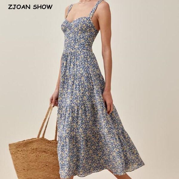 

casual dresses 2021 vintage france style blue floral print strap ruched hem midi dress women elastic back swing aline sling holiday, Black;gray