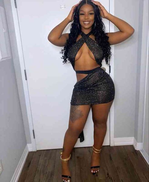

summer sequin wrap cross halter womens tracksuits crop backless mini skirt piece set bodycon lace up bandage matching, Gray