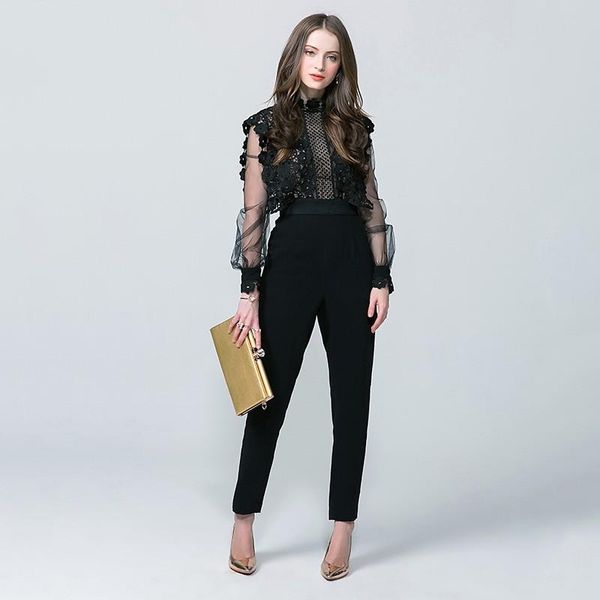 

women's jumpsuits & rompers 2021 arrival jumpsuit vintage high waist lantern sleeve women hollow out slim fit body feminino lace mesh b, Black;white