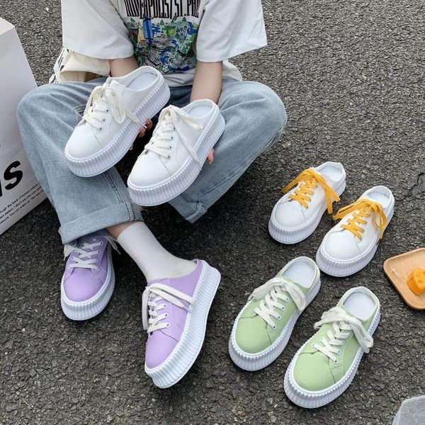 

slippers canvas half female spring/summer thick-soled candy color baotou loafers shoes sandals women, Black