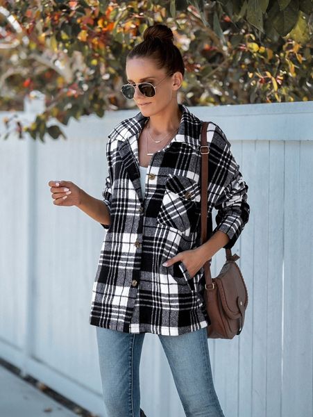 

plaid print drop shoulder button front overcoat i9ni#, Black