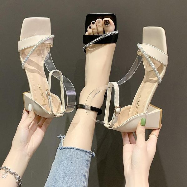 

sandals fashion womens shoes 2021 block heels high female square toe espadrilles platform med buckle strap luxury chunky high-he, Black