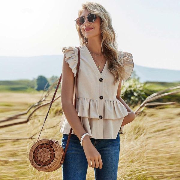 

women's blouses & shirts women cotton summer sleeveless ruffle stitching blouse v-neck causel chic button shirt elegant soild color la, White