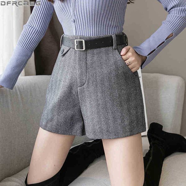 

women's shorts loose wide leg ladies vintage with belt short femme streetwear high waist winter woolen women gray brown black x4fi, White;black