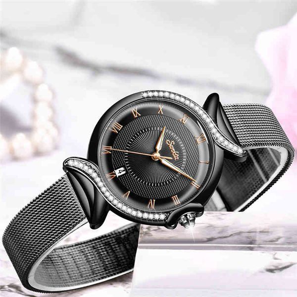 SUNKTA Orologi da donna ultrasottili di lusso Orologio al quarzo analogico in vetro colorato di moda Orologio da polso impermeabile casual da donna in maglia nera 210517