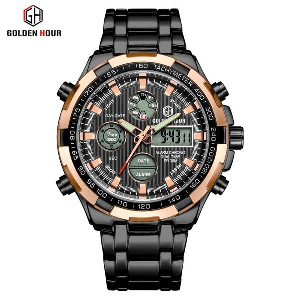 

wristwatches goldenhour men dual display quartz watch fashion stainless steel sports watches mens chronograph wristwatch relogio masculino, Slivery;brown