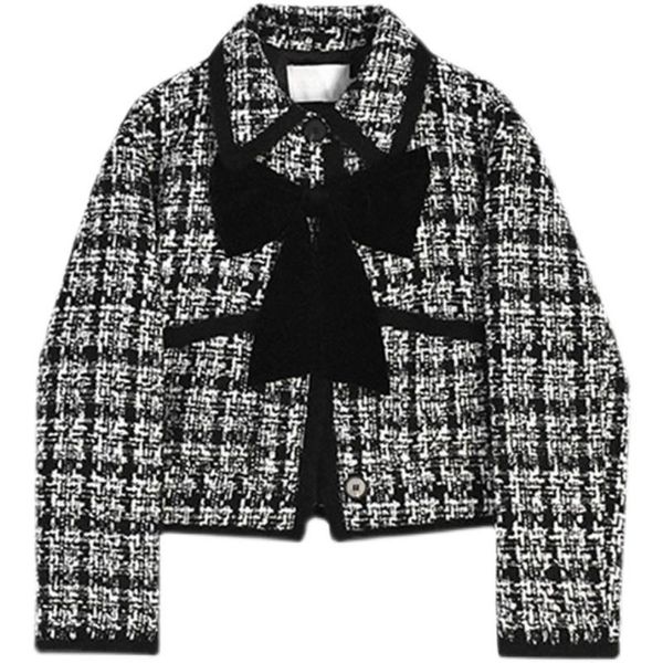 

women's jackets tweed women 2021 coat short jacket autumn winter chambray vintage bow black and white check coats clothing, Black;brown