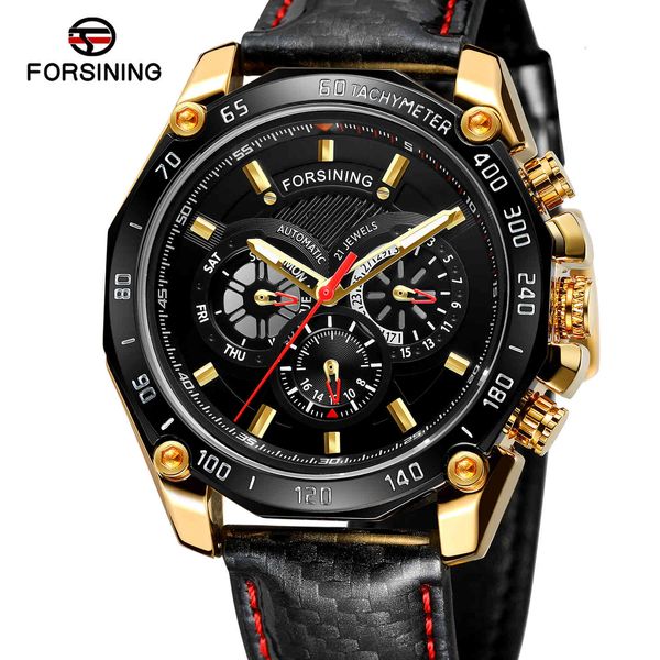 

2019 forsining brand automatic man watch red pointer mechanical date real black leather sports timing waterproof watches, Slivery;brown