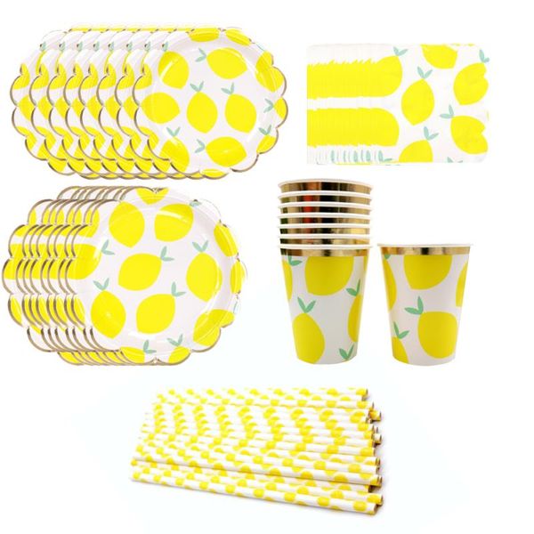

disposable dinnerware yellow paper lemon tableware set bronzing plates cups straw for baby shower birthday festival party supply kids favor