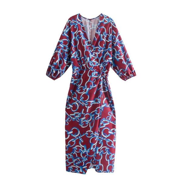 

casual dresses pinkou women retro chain print maxi dress cross v neck long sleeve split autumn chic ankle length qa482, Black;gray