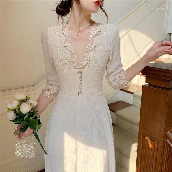 

casual dresses french long sleeve maxi dress vintage lace women slim v-neck winter one-piece lady evening party for, Black;gray