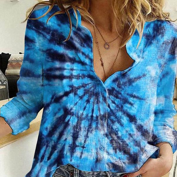 

women's blouses & shirts women summer tie-dye printed loose lapel single-breasted shirt, White